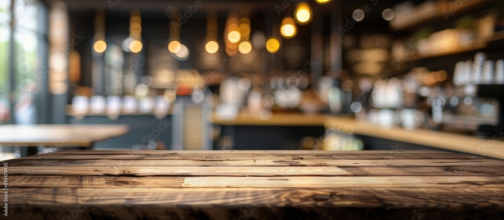Poster wooden table with copy space image in blurred coffee shop background ideal for product display