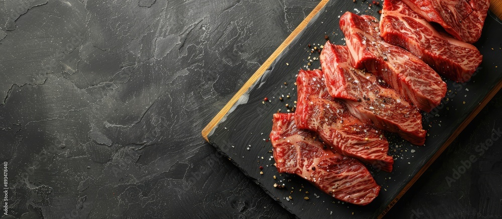 Poster Marbled beef seasoned on a wooden board over a dark slate or concrete surface shot from above with a space for text in the image. copy space available