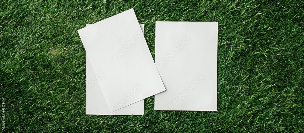 Aufkleber Overhead view of two blank white sheets on a grassy fabric backdrop perfect for a copy space image