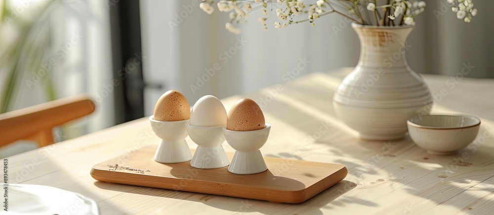 Aufkleber Egg holders with soft boiled eggs arranged elegantly on a table leaving space for text alongside a captivating copy space image