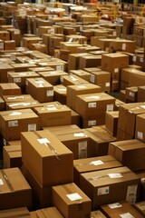 A warehouse filled with boxes of goods, ready for logistics and ships to put the products on board. 