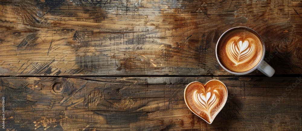 Poster Heart shaped coffee on a wooden surface with copy space image