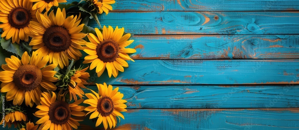 Aufkleber a frame constructed with lovely sunflowers against a bright wooden backdrop provides a charming disp