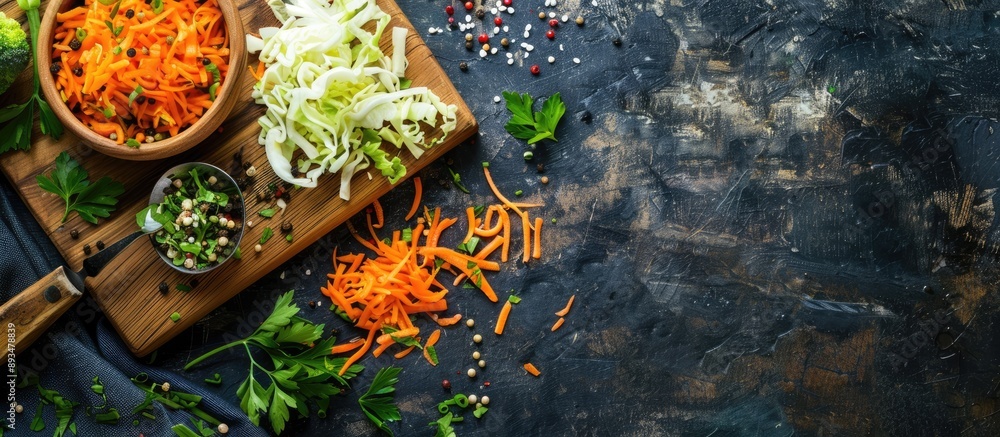 Poster Fresh veggies like chopped carrot and cabbage displayed on a rustic wooden cutting board in a top view image symbolizing healthy eating with copy space for additional content