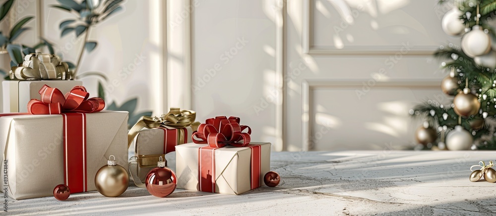 Fototapete a festive scene with presents and ornaments on a whitewashed table perfect for showcasing a copy spa