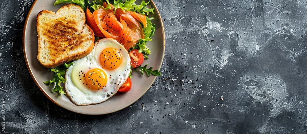 Aufkleber Top down view of a nutritious breakfast spread featuring fried eggs salmon sandwiches and a fresh salad on a plate with empty space for adding text or graphics. copy space available