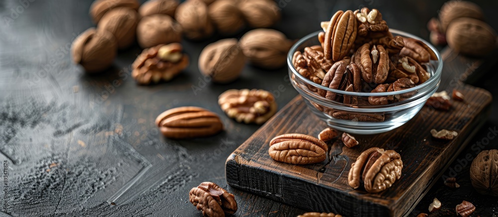 Poster Pecans in a glass bowl on a rustic wooden board set against walnuts in shells on a vintage black table illuminated by dramatic lighting for artistic contrast with available copy space image