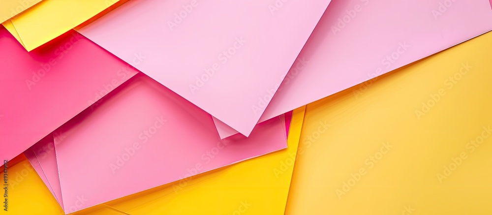 Poster Stack of pink and yellow abstract papers creating a colorful background with copy space image