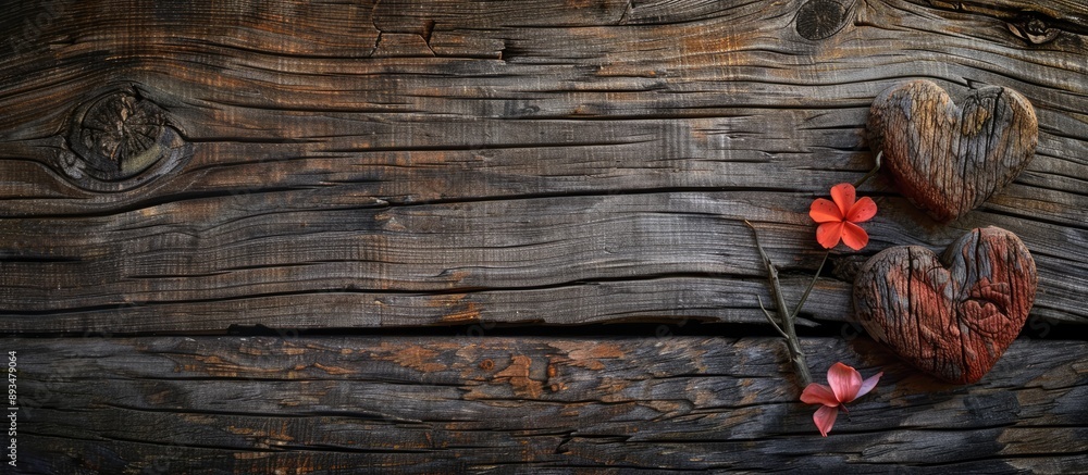 Aufkleber rustic wooden background featuring two hearts a flower and space for text or images. copy space avai