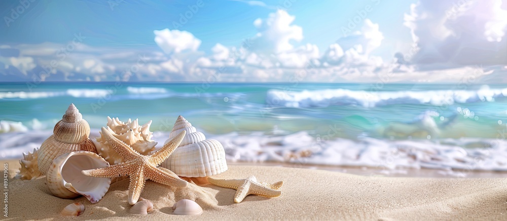 Poster tranquil beach scene with seashells starfish on sandy ocean backdrop ideal for summer sale with copy