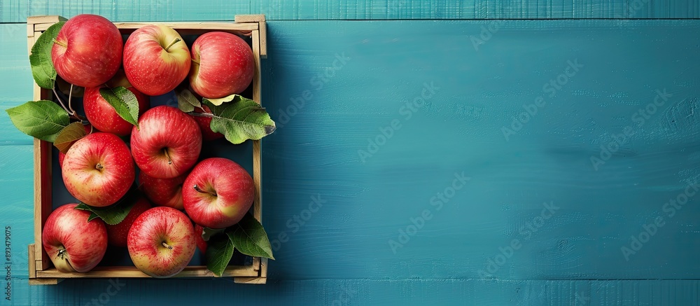 Poster pink apple beautifully arranged in a box against a blue background with copy space image