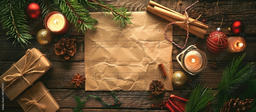 Poster A festive setting with a blank wish list for Santa on a wooden table adorned with New Year decorations and pine branches providing room for an image. copy space available