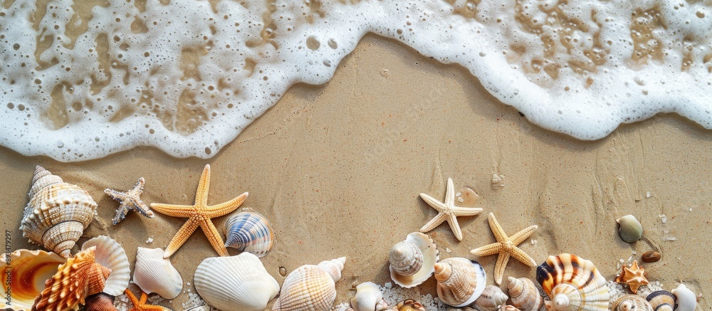Aufkleber sandy beach adorned with diverse seashells and stones offering copy space image