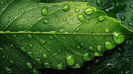 Fototapeta premium Macro view of a leaf with fresh morning dew drops and detailed veins