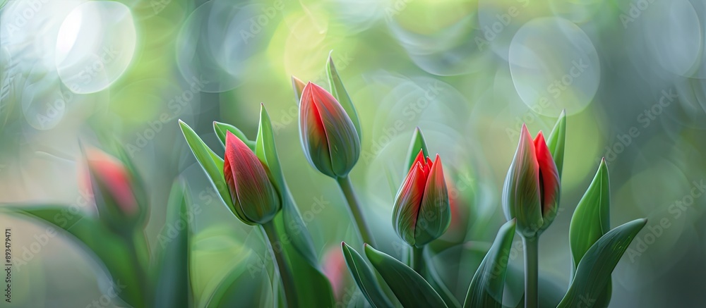 Aufkleber Red tulip buds with selective focus against a softly blurred background Green leaves of the tulips remain unfocused creating a layered effect with copy space image