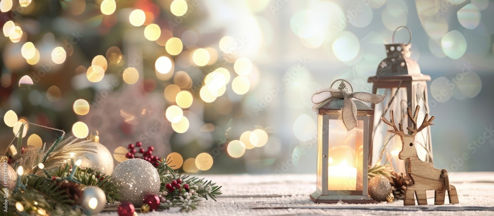 Fototapete festive christmas scene with lantern greenery baubles and wooden reindeer on table with room for tex