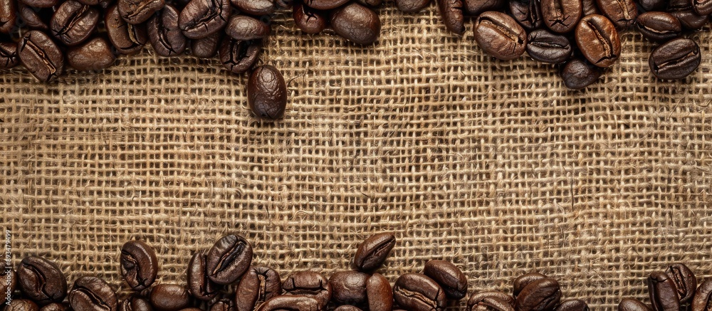 Poster Close up flat lay of coffee beans resting on a rustic jute sack with ample copy space in the image
