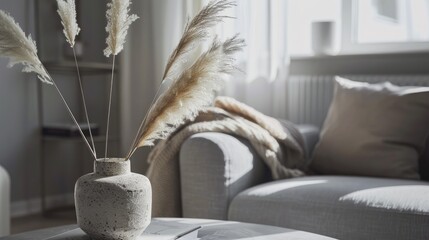 Scandinavian interior: Table, books, vase with pampas grass, gray chair.