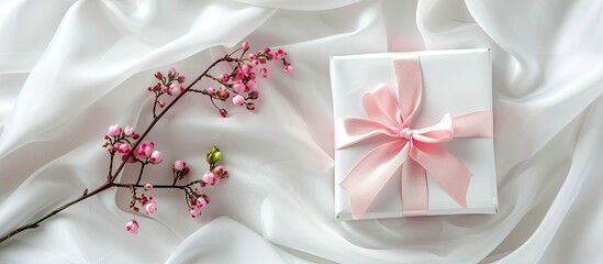 White gift box tied with a pink ribbon and adorned with small pink flowers on a white silk backdrop Ideal for various occasions like weddings birthdays Valentine s Mother s or Women s Day Copy space