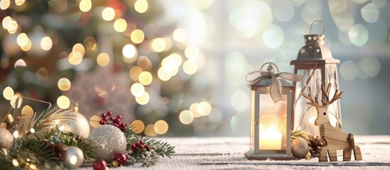 Fototapeta premium Festive Christmas scene with lantern greenery baubles and wooden reindeer on table with room for text set against a bokeh Christmas tree backdrop. copy space available