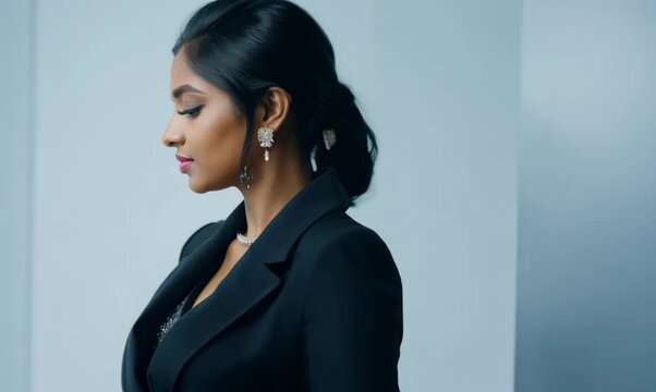 Lifestyle portrait of an Indian woman in her 30s wearing a sleek suit in a minimalist background