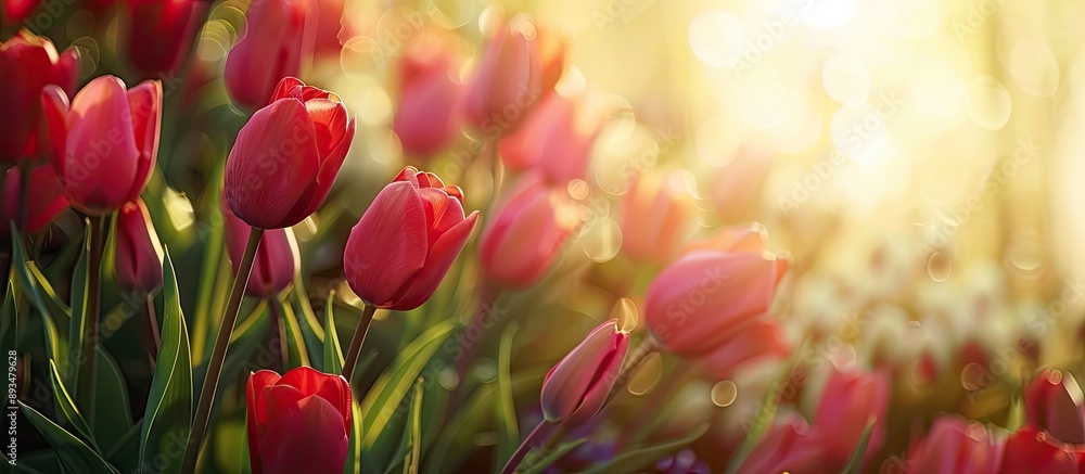 Aufkleber Spring tulip flowers bloom in a beautiful garden setting enhancing the scene framed by a copy space image