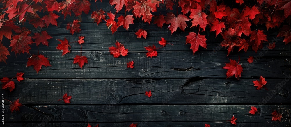 Aufkleber Autumn themed with red maple leaves on a dark wooden backdrop creating a striking image with copy space available