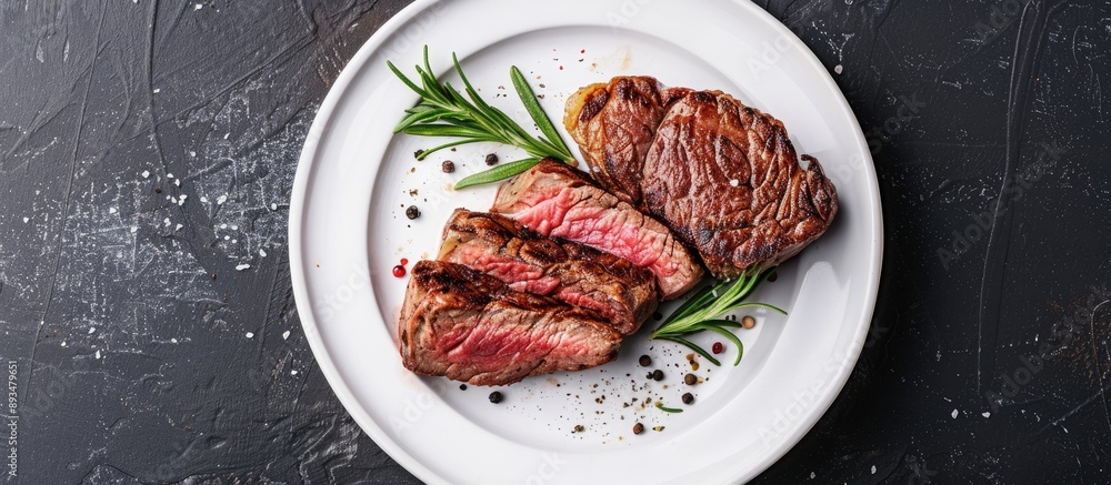 Poster european style beef steak served on a white plate with copy space image