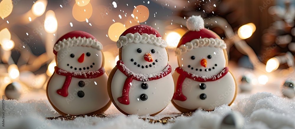 Poster three snowmen cookies depicted in a snowy scene with festive lights ideal for a festive copy space i