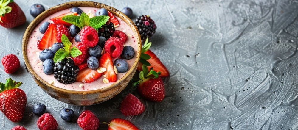 Poster boho hipster style smoothie bowl with fresh fruits on wooden bowl over a concrete table background p