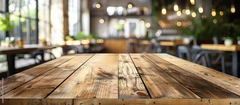 Poster wooden table ideal for showcasing items with a blurred coffee shop or bar setting in the background 