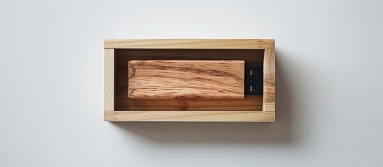 Light wood USB drive packaging in a wooden box made for photographers set on a white background with copy space image