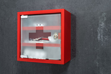 Closed Red Metal Medicine Cabinet Full Of Drugs Hanging On A Dark Gray Marble Wall Background. Perspective View