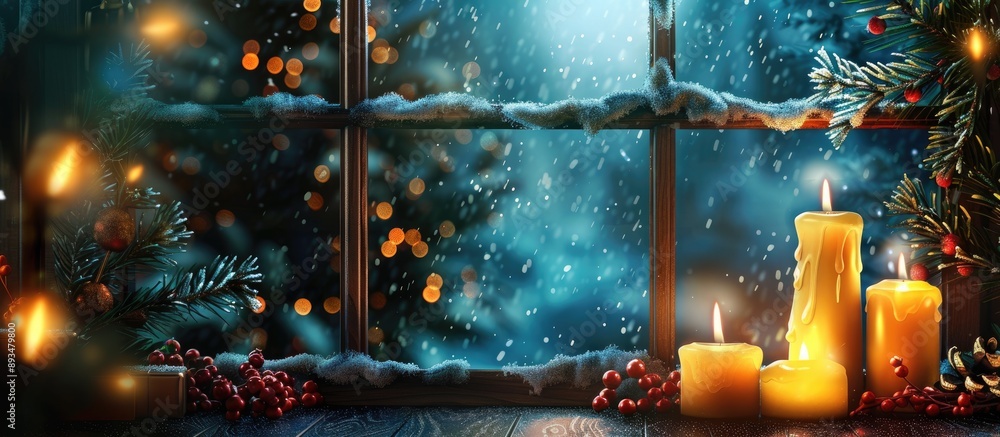 Canvas Prints Night window background with Christmas candles create a cozy vibe in the copy space image