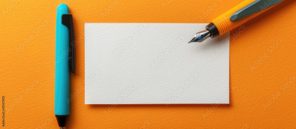 Poster a colorful blue ballpoint pen next to a blank white rectangle paper on an orange paper background wi