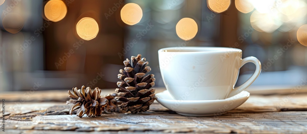 Aufkleber coffee cup next to a dried pine cone on wooden table creating a cozy ambiance with copy space image