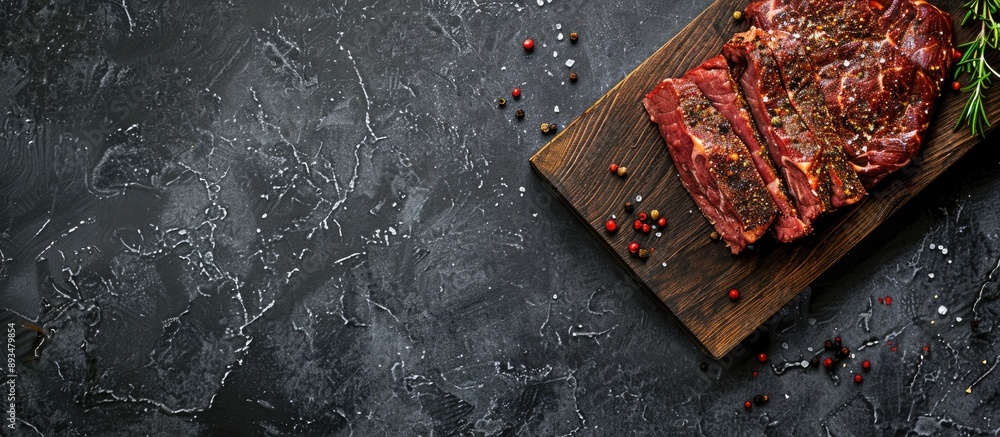Poster Marbled beef seasoned on a wooden board over a dark slate or concrete surface shot from above with a space for text in the image. copy space available