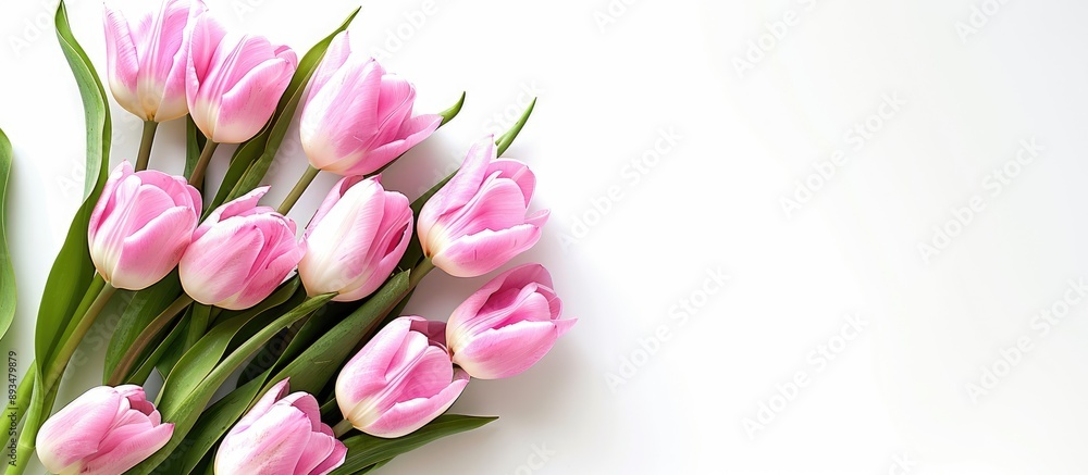 Poster a banner displaying top view of a bouquet of pink tulips on white backdrop with copy space image sho