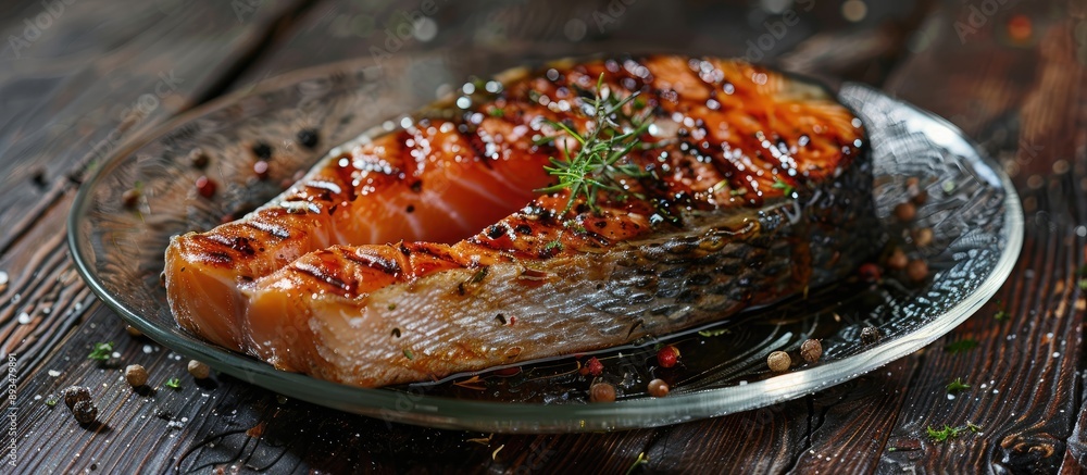 Poster close up image of an overcooked grilled keta salmon fish steak on a glass plate against a dark woode