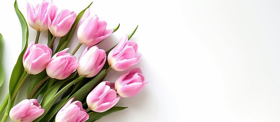 Obraz premium A banner displaying top view of a bouquet of pink tulips on white backdrop with copy space image showcasing spring flowers