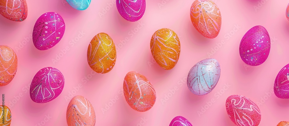 Poster seamless easter pattern featuring glittery colored eggs on a pink backdrop with copy space image