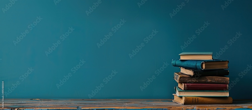 Aufkleber A stack of books is arranged neatly on a wooden table in front of a blue wall creating a serene backdrop for the copy space image illustrating the education concept of going back to school