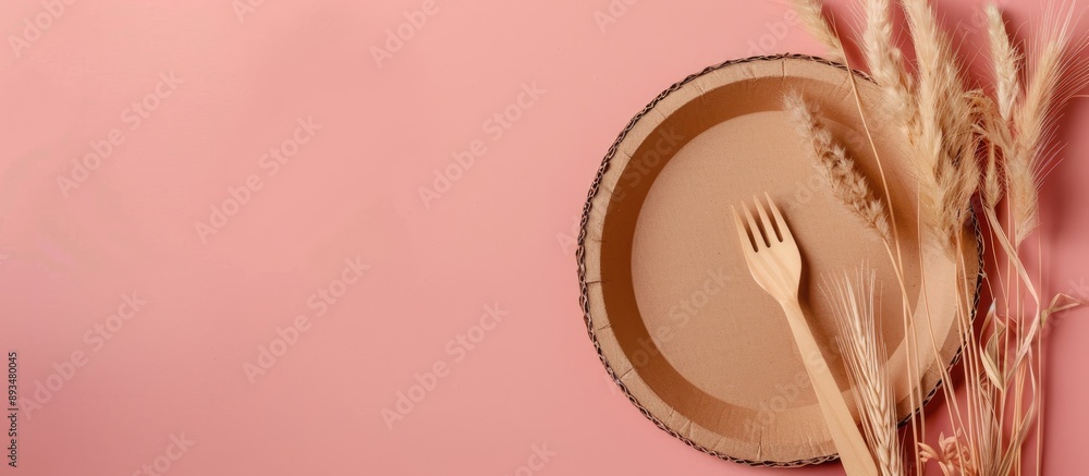 Aufkleber eco friendly food utensils cardboard plate and dry grass on a two tone background in a top down copy
