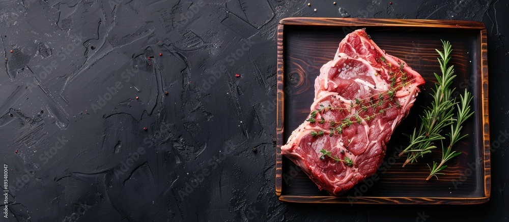 Poster wooden tray with thyme seasoned raw lamb shoulder on black background top view with copy space image