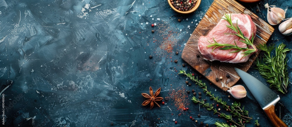 Aufkleber Top view of raw pork meat prepared with a knife and assorted spices on a food themed background ideal for menu concept design with ample copy space image
