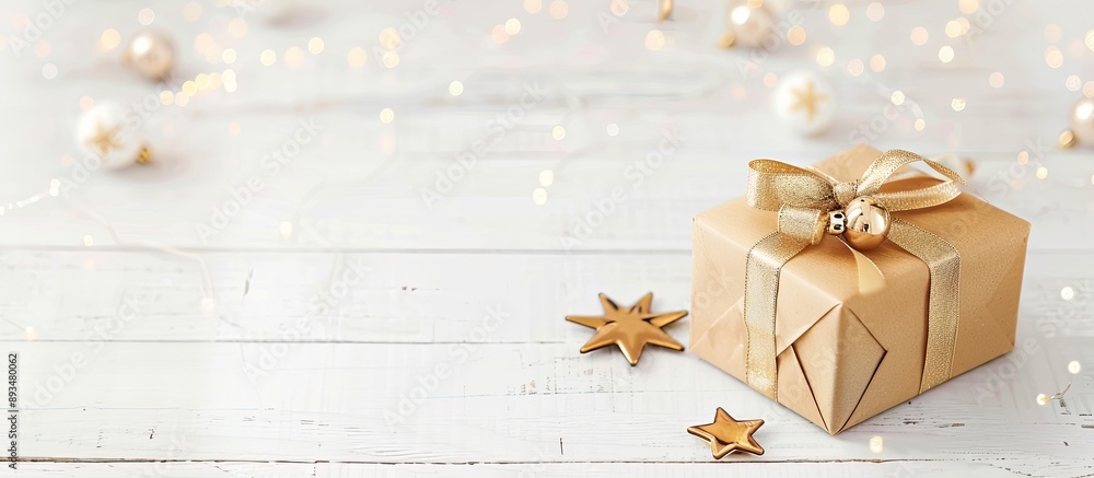 Poster gift box with star shaped decorations on a white wooden table background with ample copy space image