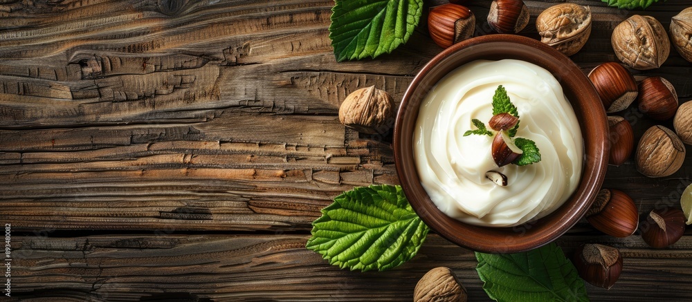 Poster Top view of hazelnut cream with nuts and green leaves on a wooden backdrop providing copy space in the image