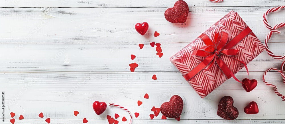 Fototapete red toy hearts and a gift box for valentine s day arranged on a white wooden table with a top down v