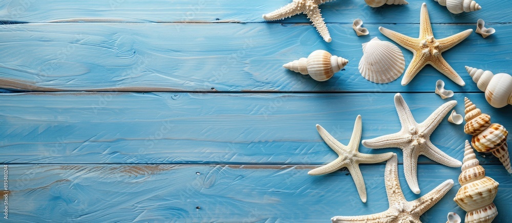 Aufkleber copy space image of starfish and shells neatly arranged on a blue wooden surface