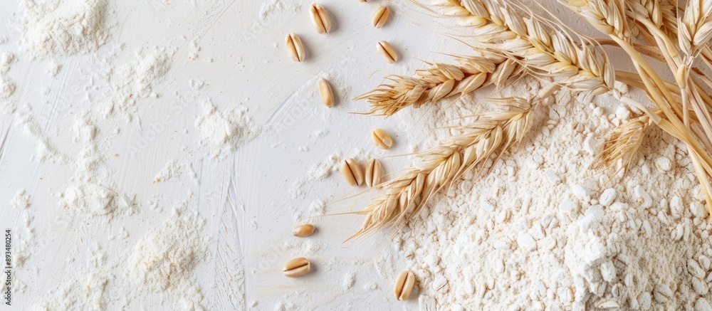 Poster A light background displaying wheat flour and wheat spikelets with a copy space image